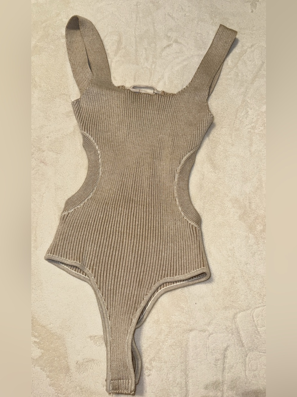 Ribbed Cutout Sleeveless Bodysuit in Taupe